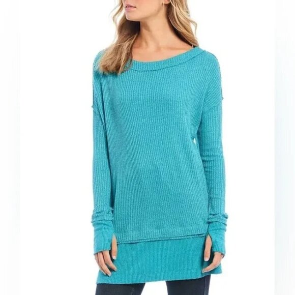 Free People We The Free North Shore Thermal Knit Tunic Top Turquoise XS - Picture 1 of 11
